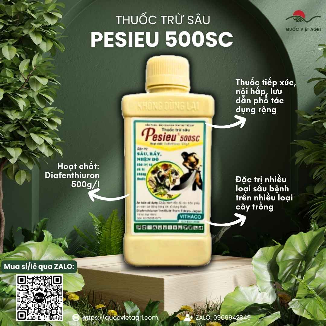 Mặt trước chai thuốc trừ sâu Pesieu 500SC 450ml, chuyên dùng để đặc trị nhện đỏ, bọ trĩ, sản phẩm chính hãng VITHACO.

