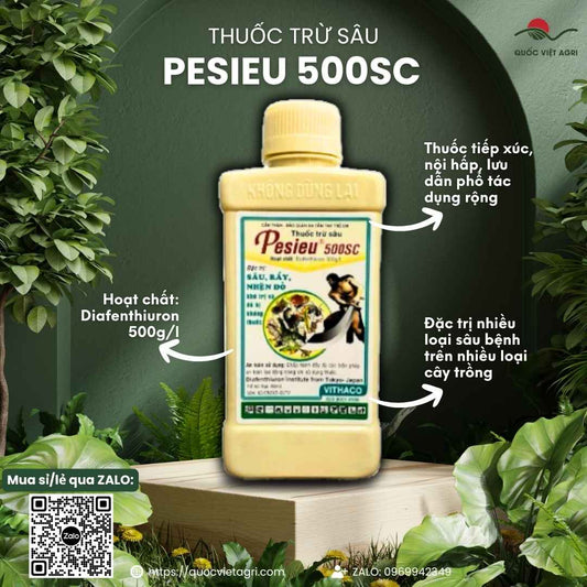 Mặt trước chai thuốc trừ sâu Pesieu 500SC 450ml, chuyên dùng để đặc trị nhện đỏ, bọ trĩ, sản phẩm chính hãng VITHACO.

