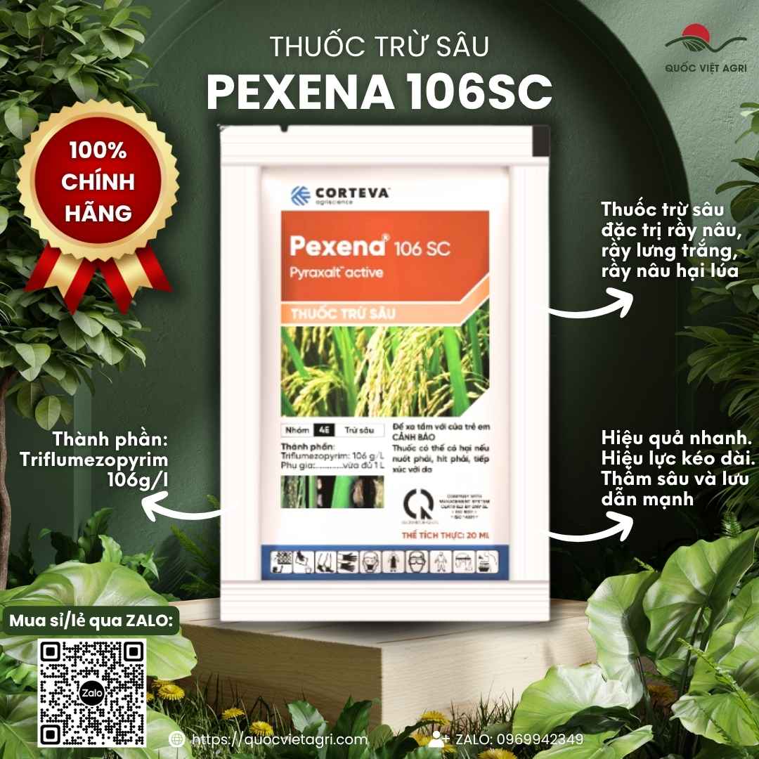 Mặt trước chai Thuốc trừ sâu PEXENA 106SC 20ml chính hãng Lộc Trời.
