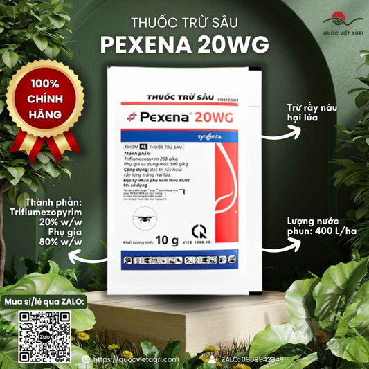 Mặt trước gói thuốc trừ rầy nâu Pexena 20WG 10g, sản phẩm đặc trị rầy kháng thuốc chính hãng Syngenta.

