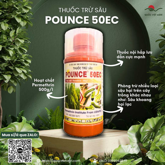 Mặt trước chai thuốc trừ sâu Pounce 50EC 450ml, chuyên dùng để đặc trị sâu khoang, bọ xít, sản phẩm chính hãng VITHACO.