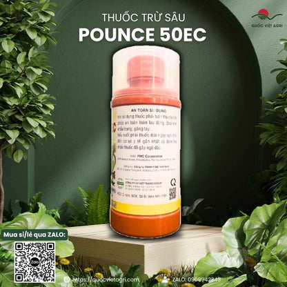 Mặt sau chai thuốc trừ sâu Pounce 50EC 450ml, chuyên dùng để đặc trị sâu khoang, bọ xít, sản phẩm chính hãng VITHACO.