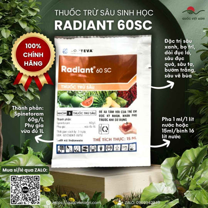 Mặt trước gói thuốc trừ sâu sinh học Radiant 60SC 15ml, chuyên dùng để đặc trị bọ trĩ, sâu tơ, sản phẩm chính hãng.

