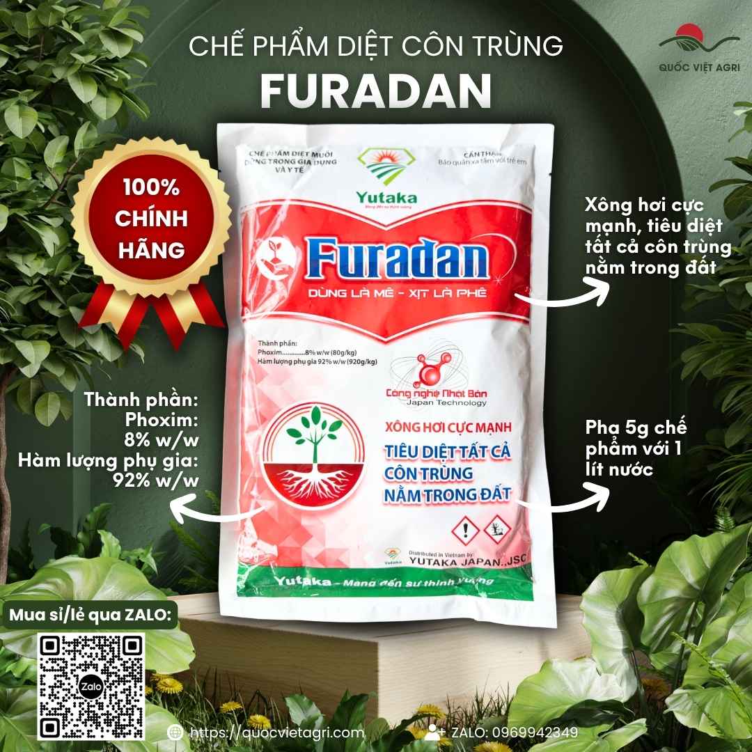 Mặt trước gói Thuốc trừ sâu rải gốc FURADAN 900g công nghệ Nhật Bản.