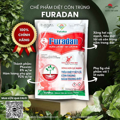 Mặt trước gói Thuốc trừ sâu rải gốc FURADAN 900g công nghệ Nhật Bản.