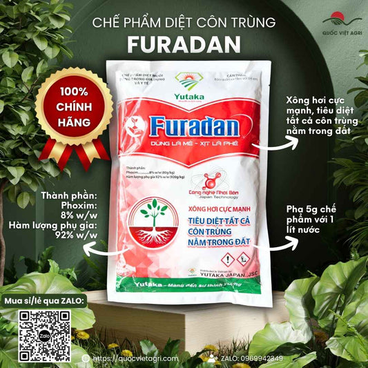 Mặt trước gói Thuốc trừ sâu rải gốc FURADAN 900g công nghệ Nhật Bản.