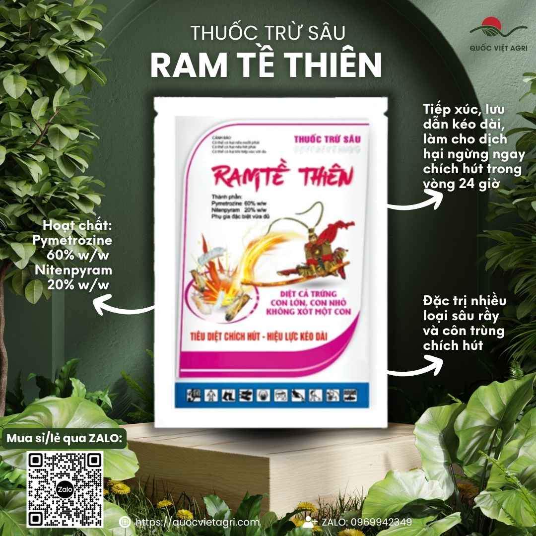 Mặt trước gói Thuốc trừ sâu RAM TỀ THIÊN 25g trị bọ trĩ, rầy nâu.