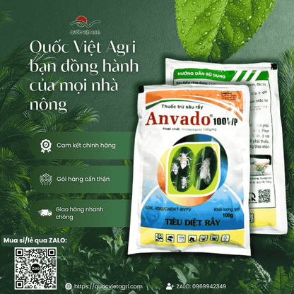 Ảnh tổng quan gói thuốc trừ sâu ANVADO 100WP 100g, chứa hoạt chất Imidacloprid 100g/kg, đặc trị rầy nâu lúa, côn trùng chích hút.
