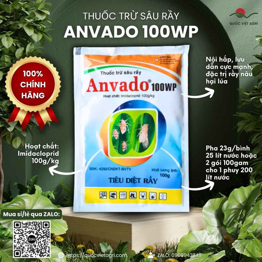 Mặt trước gói thuốc trừ sâu ANVADO 100WP 100g, chứa hoạt chất Imidacloprid 100g/kg, đặc trị rầy nâu lúa, côn trùng chích hút.

