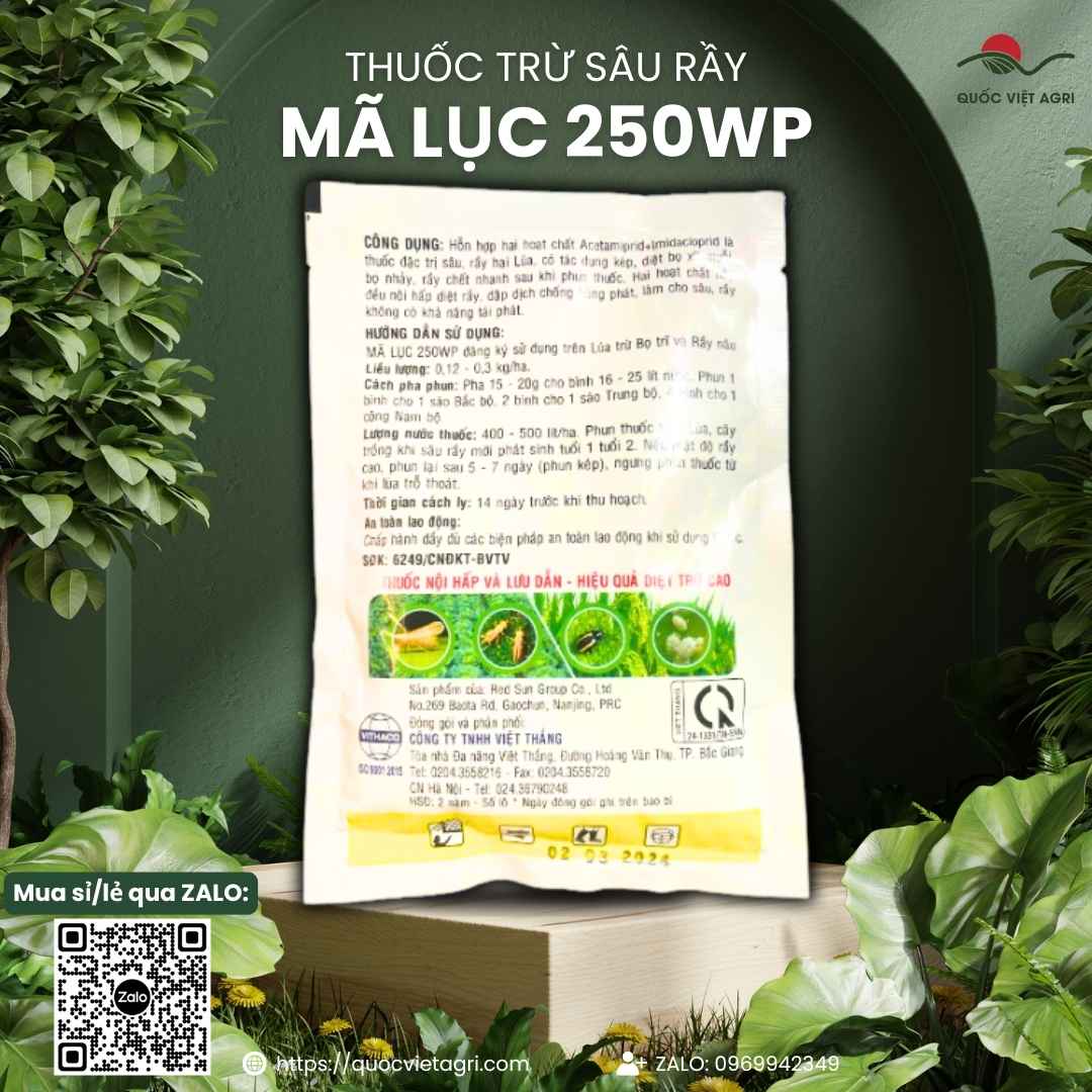 Mặt trước gói thuốc trừ sâu Mã Lục 250WP Đỏ 100g, chuyên dùng để đặc trị rầy nâu, rệp sáp, sản phẩm chính hãng của VITHACO.
