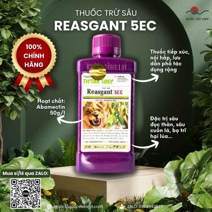 Mặt trước chai thuốc trừ sâu sinh học Reasgant 5EC 450ml, chuyên dùng để đặc trị sâu cuốn lá, bọ trĩ, sản phẩm chính hãng.

