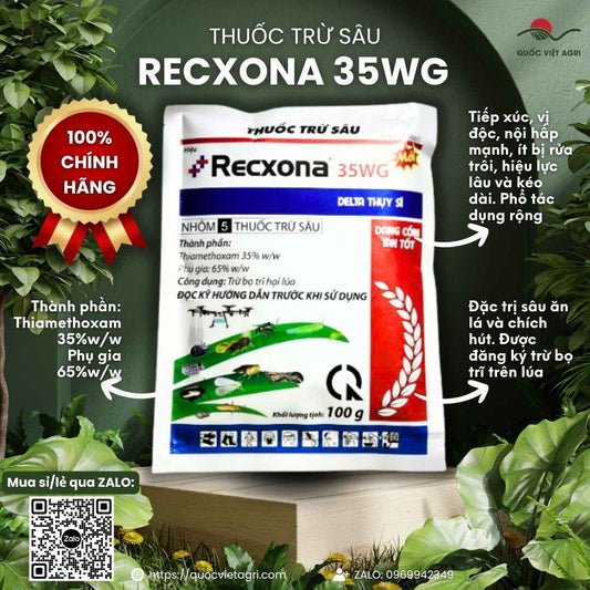 Mặt trước gói Thuốc Trừ Sâu Recxona 35WG 100g, hoạt chất Thiamethoxam 35%, đặc trị bọ trĩ hại lúa, rầy nâu.