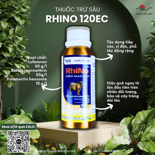 Mặt trước chai thuốc trừ sâu Rhino 120EC 250ml, chuyên dùng để đặc trị sâu cuốn lá lúa, sản phẩm chính hãng của An Phát Nông.

