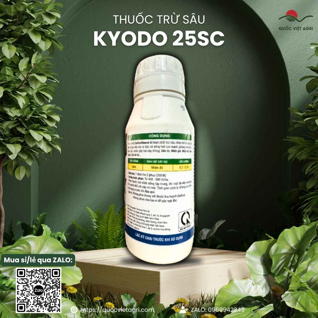 Mặt sau chai Kyodo 25SC với hướng dẫn sử dụng trị nhện gié, sâu tơ và cơ chế xông hơi mạnh.