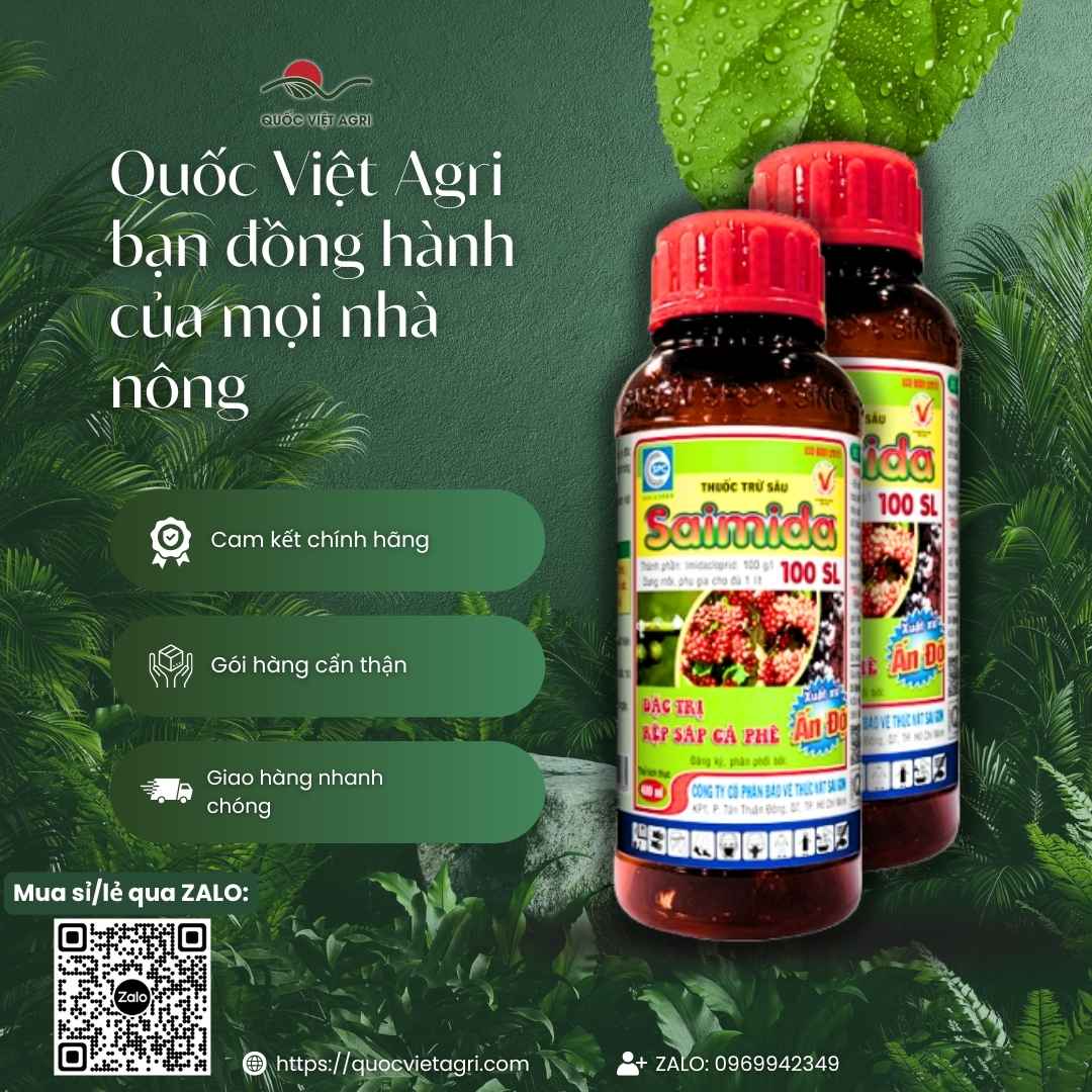 Mặt sau chai thuốc trừ sâu Saimida 100SL 400ml với thông tin thành phần Imidacloprid và hướng dẫn phun/tưới gốc.