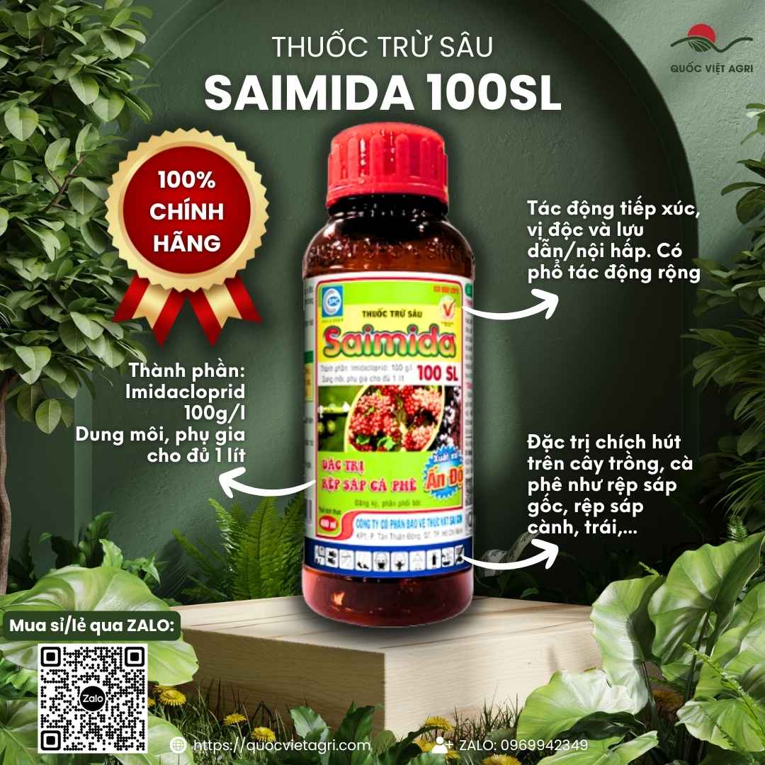Mặt trước chai thuốc trừ sâu Saimida 100SL 400ml, đặc trị rệp sáp gốc, rệp sáp cành cà phê, hoạt chất Imidacloprid 100g/l.
