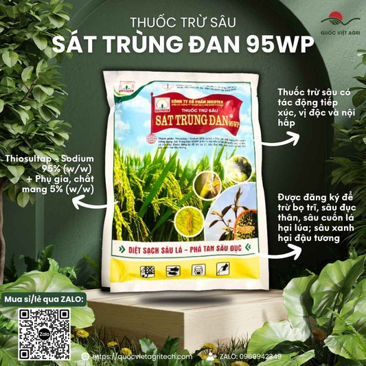 Mặt trước gói thuốc trừ sâu Sát Trùng Đan 95WP 100g, chuyên dùng để đặc trị sâu đục thân, sâu cuốn lá, sản phẩm chính hãng của Nicotex.

