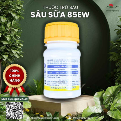Mặt sau chai thuốc trừ sâu Sâu Sữa 85EW 100ml với thông tin 2 thành phần hoạt chất và hướng dẫn sử dụng chi tiết.

