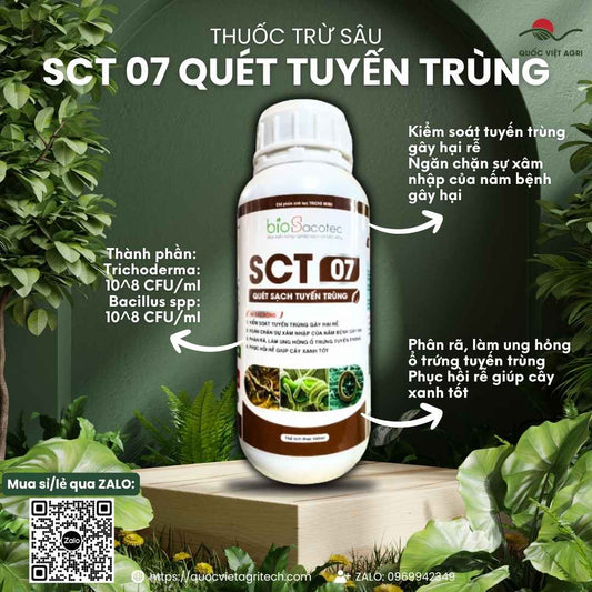 Mặt trước chai thuốc trừ sâu sinh học SCT 07 Quét Sạch Tuyến Trùng 500ml, chuyên dùng để diệt tuyến trùng, phục hồi rễ.

