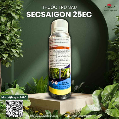 Mặt sau chai thuốc trừ sâu Secsaigon 25EC 450ml, chuyên dùng để đặc trị sâu cuốn lá lúa, sâu hồng hại bông, nguyên liệu Ấn Độ.

