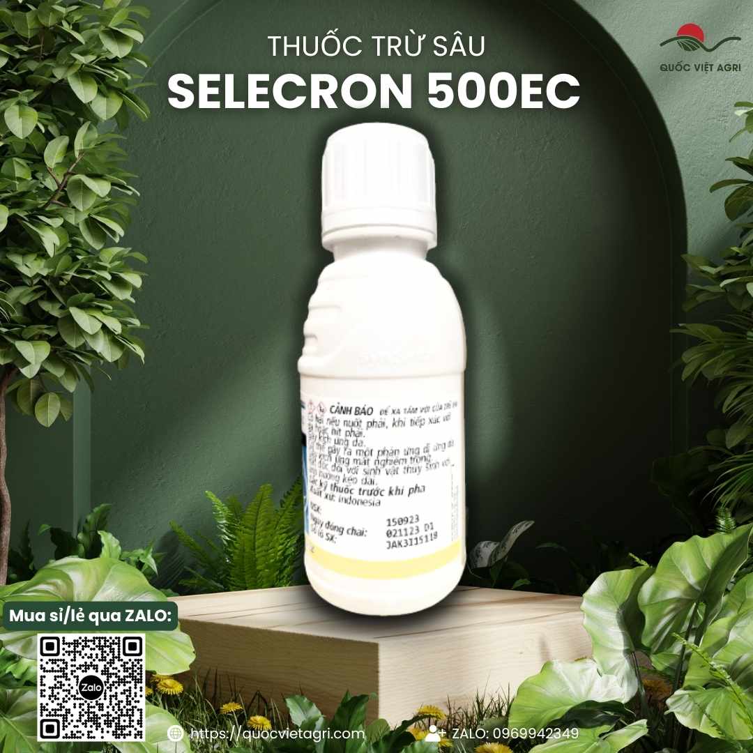 Mặt sau chai Selecron 500EC với chi tiết hoạt chất Profenofos và hướng dẫn an toàn.