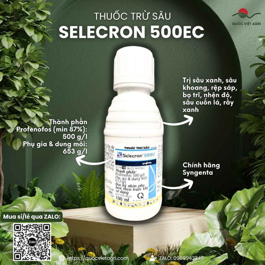 Mặt trước chai thuốc trừ sâu SELECRON 500EC 500ml, chứa Profenofos 500g/l, đặc trị sâu đục trái, nhện đỏ, bọ trĩ, rầy xanh.

