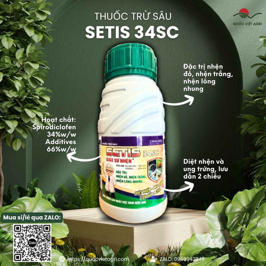 Mặt trước chai thuốc trừ nhện Setis 34SC 240ml, chuyên dùng để đặc trị nhện đỏ kháng thuốc, sản phẩm chính hãng của BMC.

