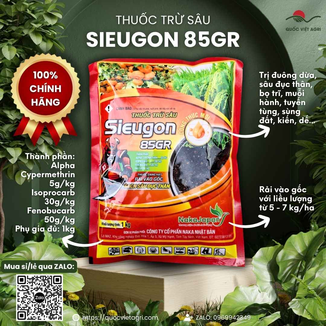 Mặt trước gói thuốc trừ sâu SIEUGON 85GR 1kg, chứa Alpha-cypermethrin, Fenobucarb và Isoprocarb.