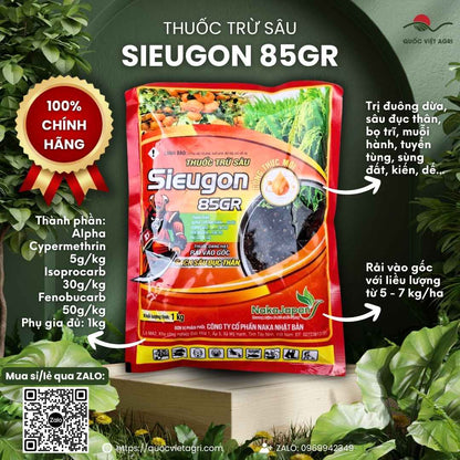 Mặt trước gói thuốc trừ sâu SIEUGON 85GR 1kg, chứa Alpha-cypermethrin, Fenobucarb và Isoprocarb.