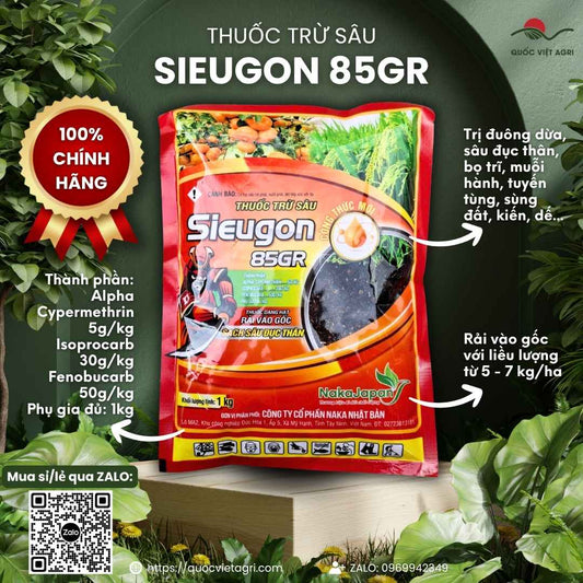 Mặt trước gói Thuốc trừ sâu SIEUGON 85GR 1kg – Alpha Cypermethrin, Isoprocarb, Fenobucarb, rải gốc.