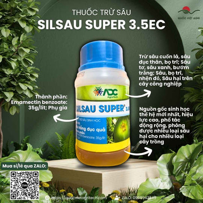 Mặt trước chai thuốc trừ sâu sinh học Silsau Super 3.5EC 100ml, chuyên dùng để đặc trị nhện đỏ, sâu cuốn lá, sản phẩm chính hãng của Quốc Việt Agri.

