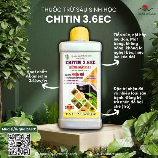 Mặt trước chai thuốc trừ sâu sinh học Chitin 3.6EC 450ml, chuyên dùng để đặc trị nhện đỏ, sâu cuốn lá, sản phẩm nguyên liệu nhập khẩu.

