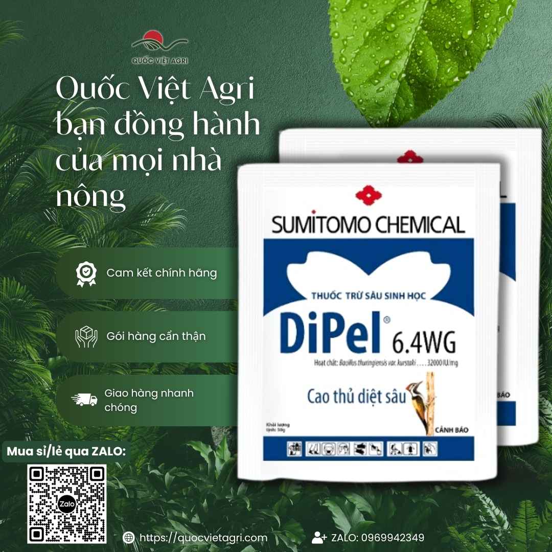 Hình ảnh tổng quan sản phẩm thuốc trừ sâu sinh học Dipel 6.4WG 50g, giải pháp vi sinh an toàn cho rau màu, bắp từ Quốc Việt Agri.