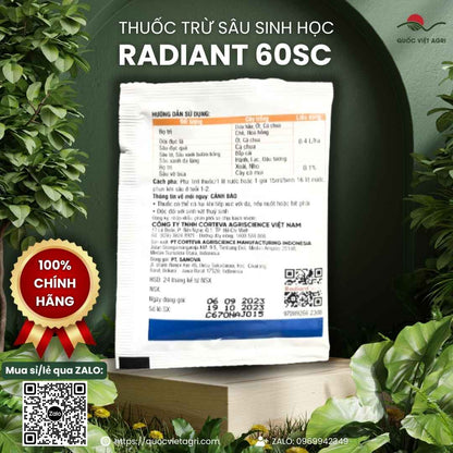 Mặt sau gói thuốc trừ sâu sinh học Radiant 60SC 15ml, chuyên dùng để đặc trị bọ trĩ, sâu tơ, sản phẩm chính hãng.
