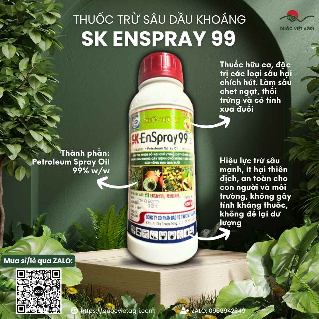 Mặt trước chai dầu khoáng SK Enspray 99EC 480ml, chuyên dùng để trị nhện đỏ, sâu hồng đục quả, sản phẩm hữu cơ từ Hàn Quốc.