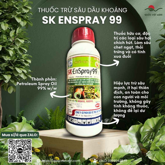 Mặt trước chai dầu khoáng SK Enspray 99EC 480ml, chuyên dùng để trị nhện đỏ, sâu hồng đục quả, sản phẩm hữu cơ từ Hàn Quốc.