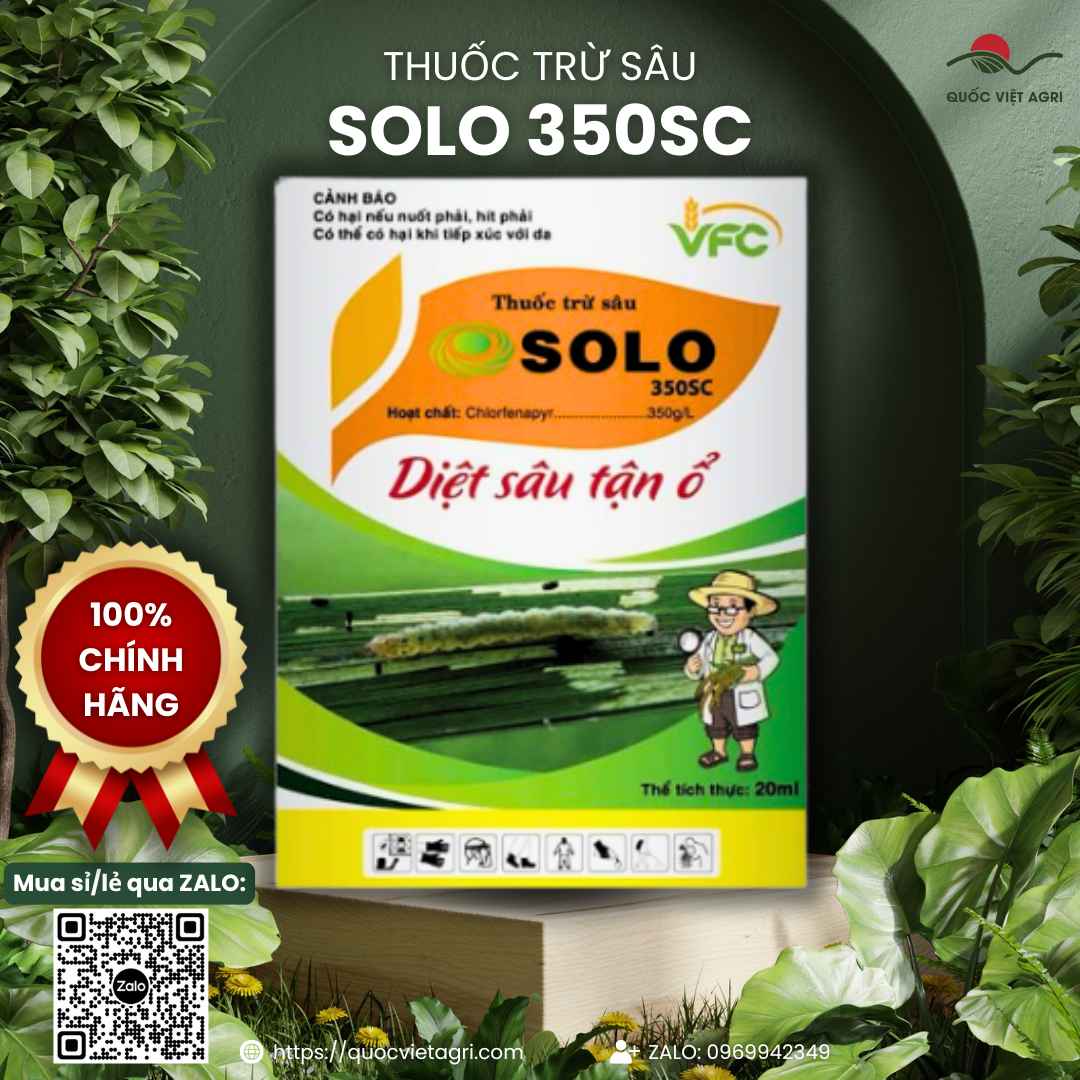Mặt sau gói thuốc trừ sâu Solo 350SC 20ml, chuyên dùng để đặc trị sâu cuốn lá, sâu xanh da láng, sản phẩm chính hãng VFC.