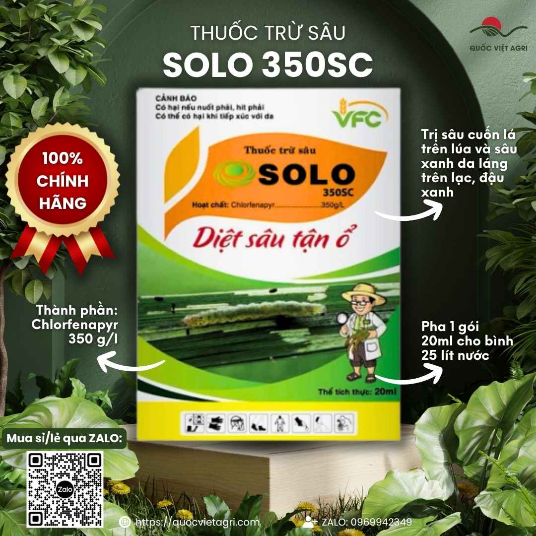 Mặt trước gói thuốc trừ sâu Solo 350SC 20ml, chuyên dùng để đặc trị sâu cuốn lá, sâu xanh da láng, sản phẩm chính hãng VFC.