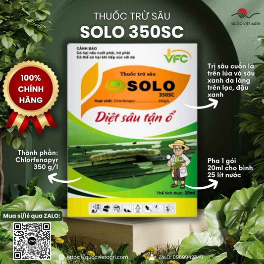 Mặt trước gói thuốc trừ sâu Solo 350SC 20ml, chuyên dùng để đặc trị sâu cuốn lá, sâu xanh da láng, sản phẩm chính hãng VFC.