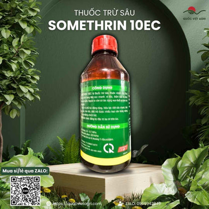 Mặt sau chai Somethrin 10EC với hướng dẫn sử dụng an toàn và cơ chế tác động 4 trong 1.