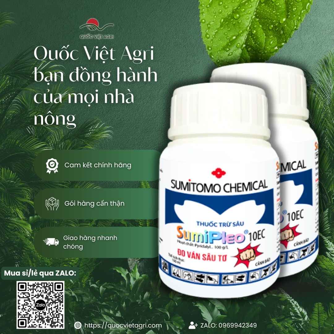 Ảnh toàn diện chai thuốc trừ sâu Sumipleo 10EC 100ml, chuyên dùng để đặc trị sâu keo mùa thu, sâu tơ, sản phẩm chính hãng Sumitomo.
