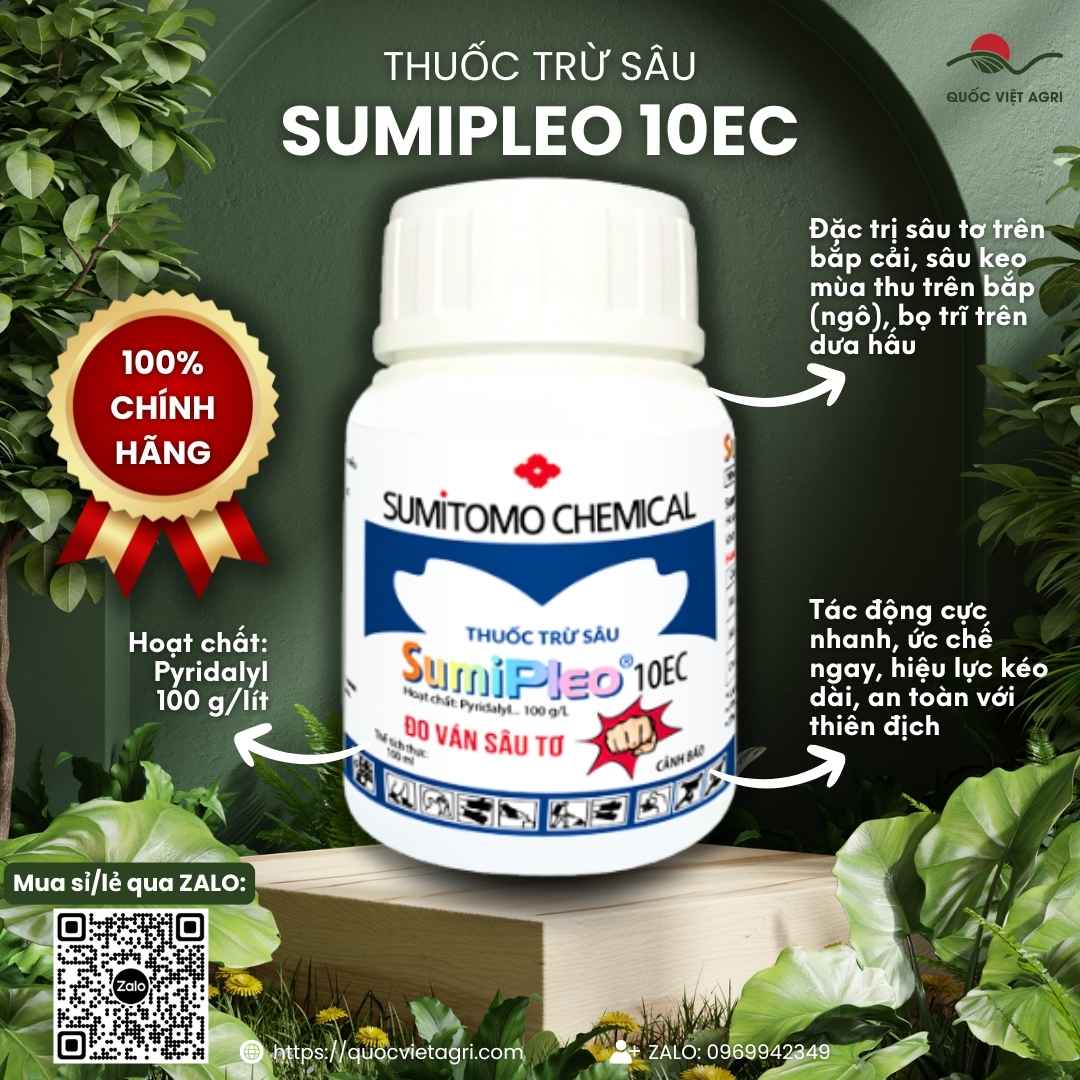 Mặt trước chai thuốc trừ sâu Sumipleo 10EC 100ml, chuyên dùng để đặc trị sâu keo mùa thu, sâu tơ, sản phẩm chính hãng Sumitomo.

