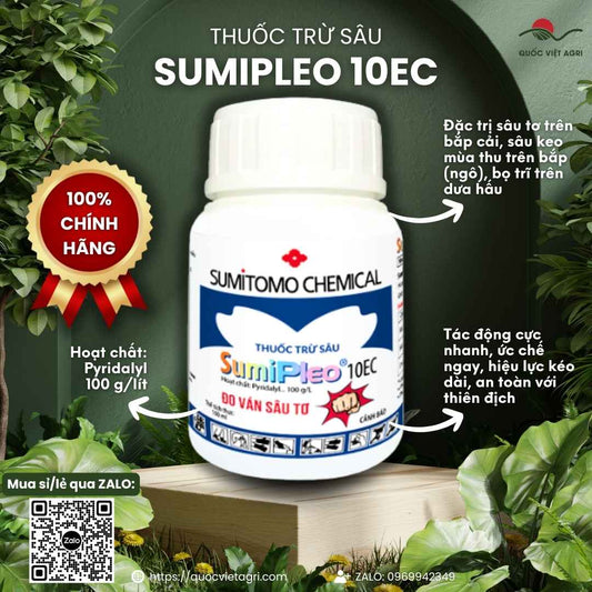 Mặt trước chai thuốc trừ sâu Sumipleo 10EC 100ml, chuyên dùng để đặc trị sâu keo mùa thu, sâu tơ, sản phẩm chính hãng Sumitomo.

