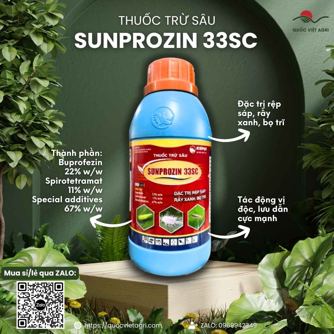 Mặt trước chai Thuốc Trừ Sâu SUNPROZIN 33SC 200ml, hoạt chất Spirotetramat và Buprofezin, lưu dẫn 2 chiều.