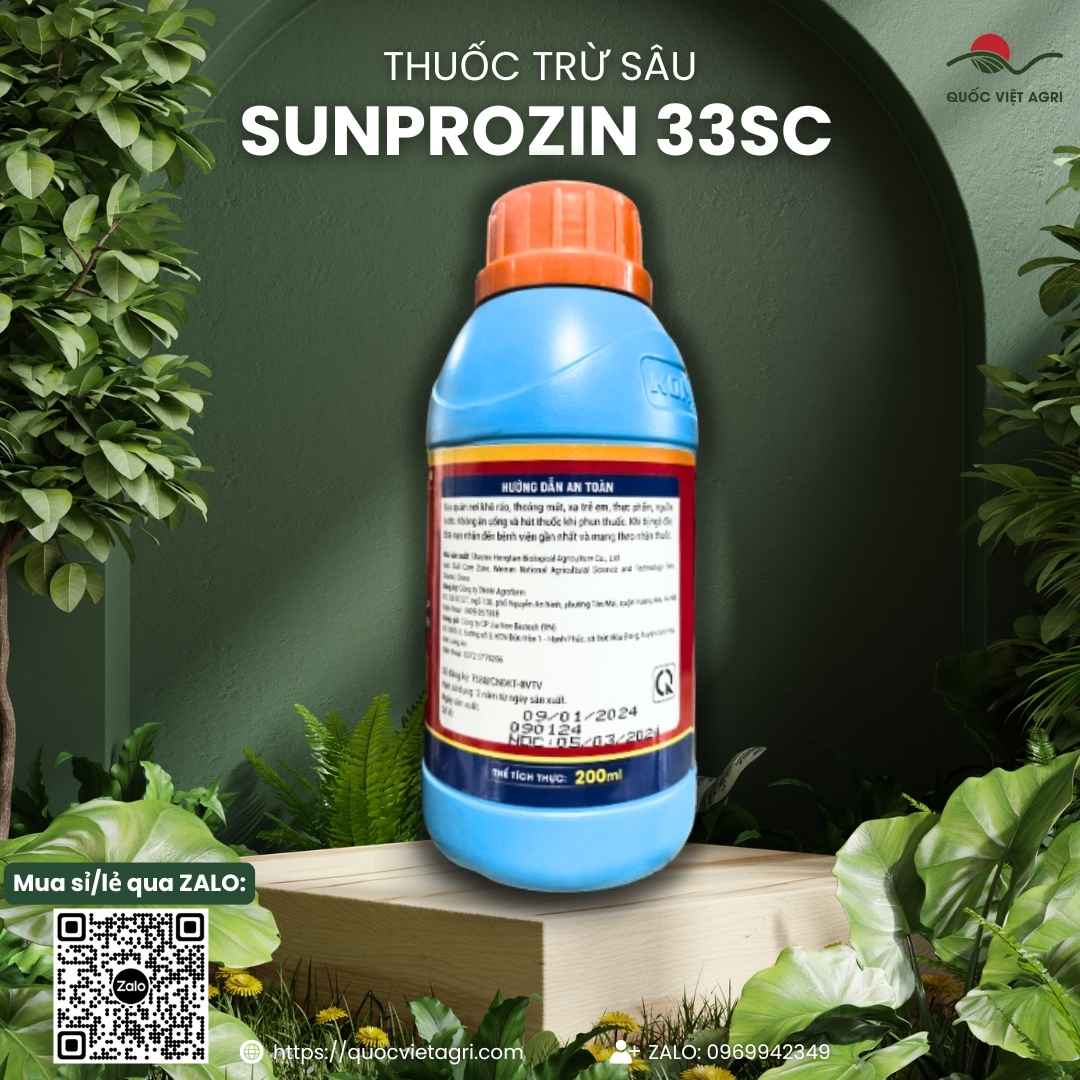 Mặt sau chai Sunprozin 33SC với hướng dẫn sử dụng đặc trị rệp sáp cà phê, rầy xanh sầu riêng.