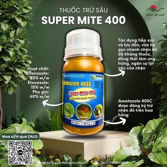 Mặt trước chai thuốc trừ nhện Super Mite 400SC 80ml, chuyên dùng để đặc trị nhện đỏ kháng thuốc, sản phẩm chính hãng Quốc Việt Agri.

