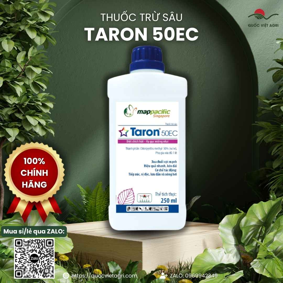 Chai thuốc trừ sâu Taron 50EC, dung tích 250ml, với thiết kế bao bì chuyên nghiệp của Map Pacific.