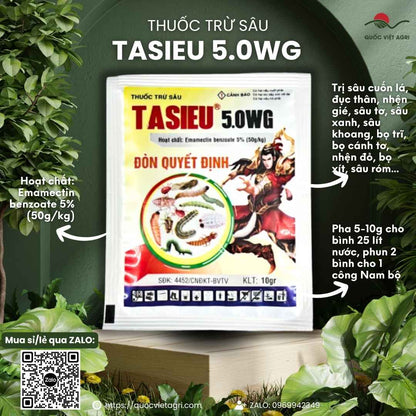 Mặt trước gói thuốc trừ sâu sinh học Tasieu 5.0WG 10g, chuyên dùng để đặc trị sâu kháng thuốc, sản phẩm chính hãng của Quốc Việt Agri.

