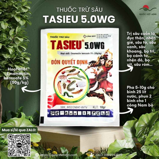 Mặt trước gói thuốc trừ sâu sinh học Tasieu 5.0WG 10g, chuyên dùng để đặc trị sâu kháng thuốc, sản phẩm chính hãng của Quốc Việt Agri.

