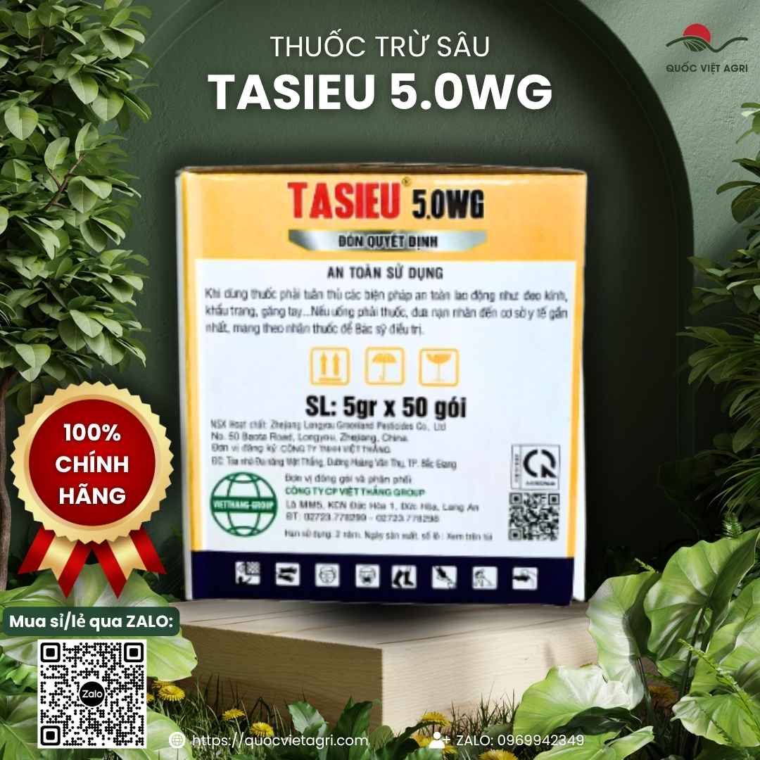 Cận cảnh gói nhỏ 5g Tasieu 5.0WG hoạt chất Emamectin Benzoate 50g/kg dạng cốm.
